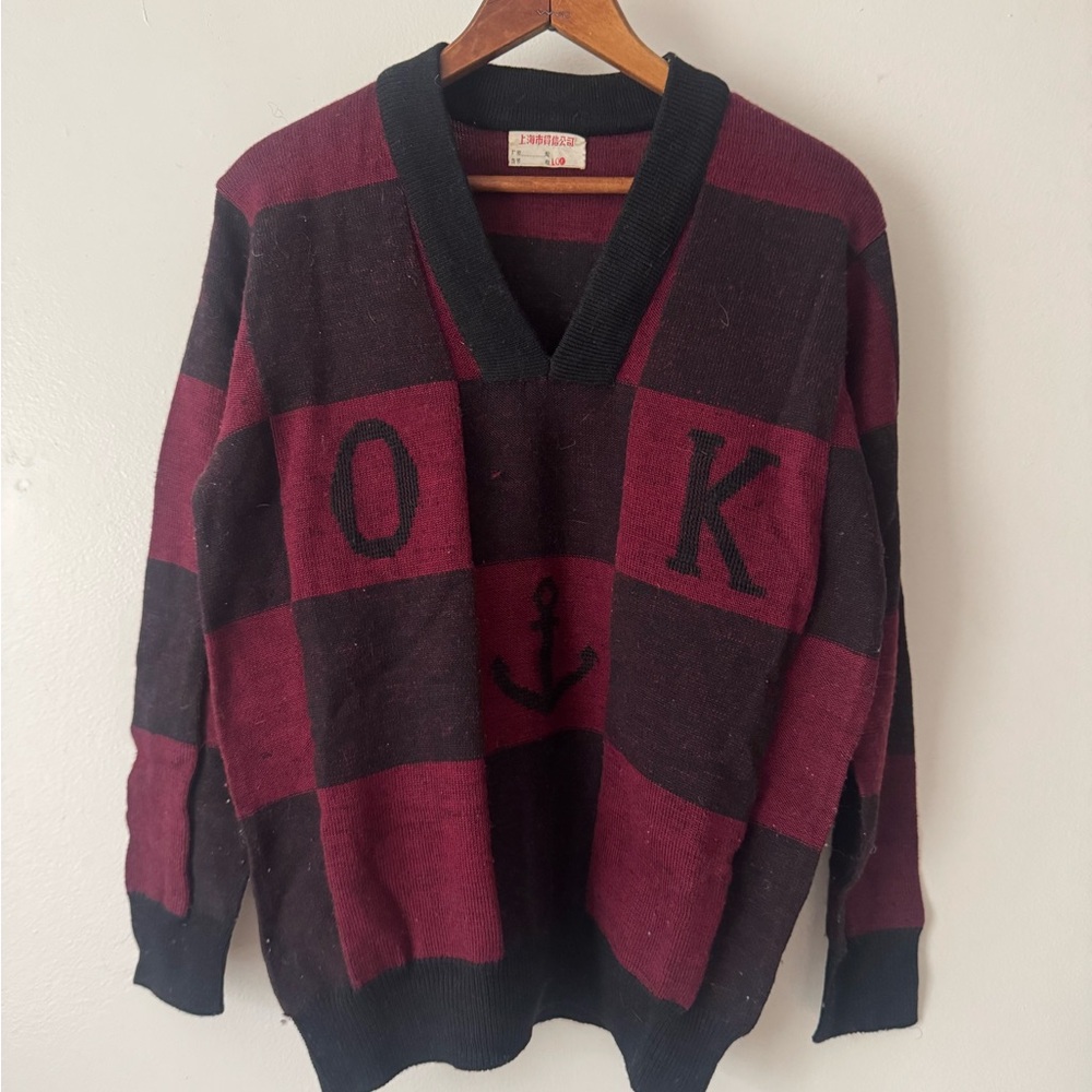 Vintage Wool Anchor Pullover Black V Neck Burgundy Checker